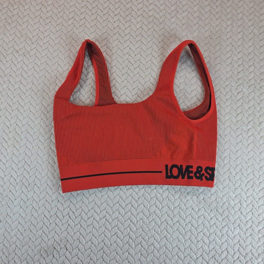 Love & Sports Women Red Ribbed Seamless Sports Bra Size Small Square Neck Logo